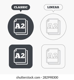 Paper size A2 standard icon. File document symbol. Classic and line web buttons. Circles and squares. Vector