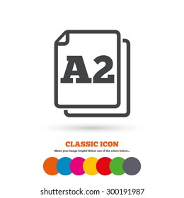 Paper size A2 standard icon. File document symbol. Classic flat icon. Colored circles. Vector