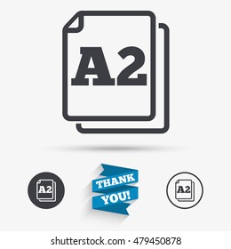 Paper size A2 standard icon. File document symbol. Flat icons. Buttons with icons. Thank you ribbon. Vector