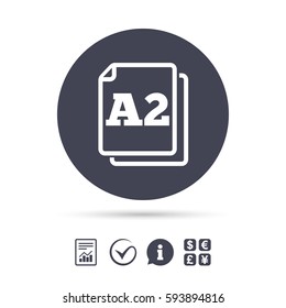 Paper size A2 standard icon. File document symbol. Report document, information and check tick icons. Currency exchange. Vector