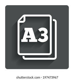 Paper size A3 standard icon. File document symbol. Gray flat button with shadow. Modern UI website navigation. Vector