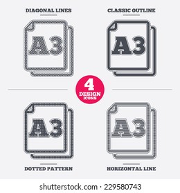 Paper size A3 standard icon. File document symbol. Diagonal and horizontal lines, classic outline, dotted texture. Pattern design icons.  Vector