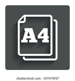 Paper size A4 standard icon. File document symbol. Gray flat button with shadow. Modern UI website navigation. Vector