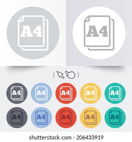 Paper size A4 standard icon. File document symbol. Round 12 circle buttons. Shadow. Hand cursor pointer. Vector