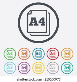 Paper size A4 standard icon. File document symbol. Round circle buttons with frame. Vector