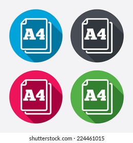 Paper size A4 standard icon. File document symbol. Circle buttons with long shadow. 4 icons set. Vector
