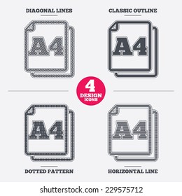 Paper size A4 standard icon. File document symbol. Diagonal and horizontal lines, classic outline, dotted texture. Pattern design icons.  Vector