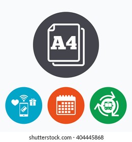 Paper size A4 standard icon. File document symbol. Mobile payments, calendar and wifi icons. Bus shuttle.