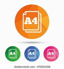 Paper size A4 standard icon. File document symbol. Triangular low poly button with flat icon. Vector