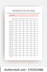 Paper size A4 Vector Planner template. Blank printable vertical notebook page. Business organizer. Calendar daily, weekly, monthly, yearly, habit tracker, project, notes, goals. Week starts on Monday