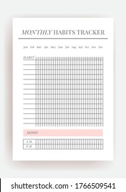 Paper size A4 Vector Planner template. Blank printable vertical notebook page. Business organizer. Calendar daily, weekly, monthly, yearly, habit tracker, project, notes, goals. Week starts on Monday