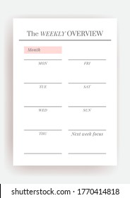 Paper size A4 Vector Planner template. Blank printable vertical notebook page. Business organizer. Calendar daily, weekly, monthly, yearly, habit tracker, project, notes, goals. Week starts on Monday