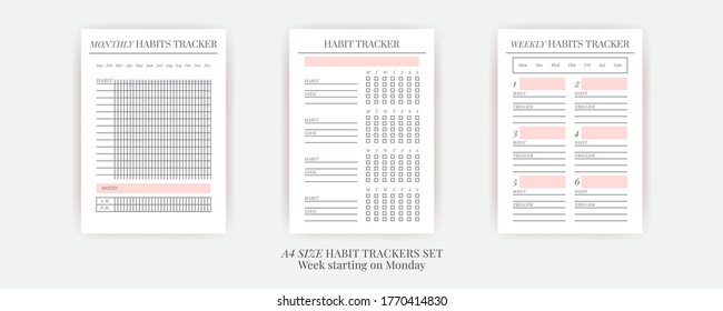 Paper size A4 Vector Planner templates set. Blank vertical notebook page. Business organizer.Calendar daily, weekly, monthly, yearly, habit tracker, project, notes, goals. Week starts on Monday