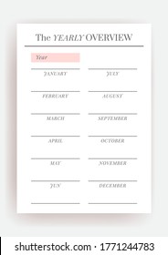 Paper size A4 Vector Planner template. Blank printable vertical notebook page. Business organizer. Calendar daily, weekly, monthly, yearly, habit tracker, project, notes, goals. Week starts on Monday