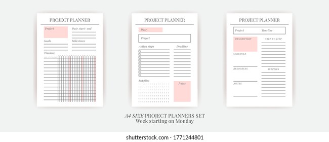 Paper size A4 Vector Planner templates set. Blank vertical notebook page. Business organizer.Calendar daily, weekly, monthly, yearly, habit tracker, project, notes, goals. Week starts on Monday