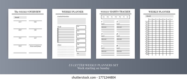 Paper size A4 Vector Planner templates set. Blank vertical notebook page. Business organizer.Calendar daily, weekly, monthly, yearly, habit tracker, project, notes, goals. Week starts on Monday