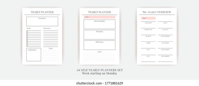 Paper size A4 Vector Planner templates set. Blank vertical notebook page. Business organizer.Calendar daily, weekly, monthly, yearly, habit tracker, project, notes, goals. Week starts on Monday