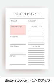 Paper size A4 Vector Planner template. Blank printable vertical notebook page. Business organizer. Calendar daily, weekly, monthly, yearly, habit tracker, project, notes, goals. Week starts on Monday