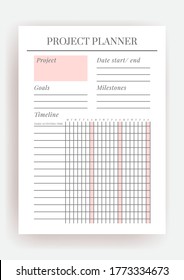 Paper size A4 Vector Planner template. Blank printable vertical notebook page. Business organizer. Calendar daily, weekly, monthly, yearly, habit tracker, project, notes, goals. Week starts on Monday