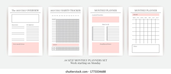 Paper size A4 Vector Planner templates set. Blank vertical notebook page. Business organizer.Calendar daily, weekly, monthly, yearly, habit tracker, project, notes, goals. Week starts on Monday