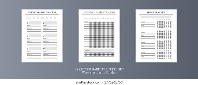 Paper size A4 Vector Planner templates set. Blank vertical notebook page. Business organizer.Calendar daily, weekly, monthly, yearly, habit tracker, project, notes, goals. Week starts on Monday