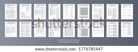 Paper size A4 Vector Planner templates set. Blank vertical notebook page. Business organizer.Calendar daily, weekly, monthly, yearly, habit tracker, project, notes, goals. Week starts on Monday