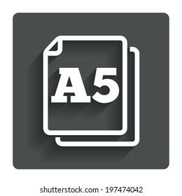 Paper size A5 standard icon. File document symbol. Gray flat button with shadow. Modern UI website navigation. Vector