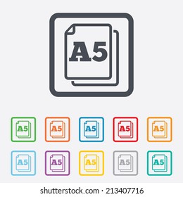 Paper size A5 standard icon. File document symbol. Round squares buttons with frame. Vector