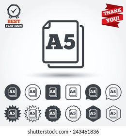 Paper size A5 standard icon. File document symbol. Circle, star, speech bubble and square buttons. Award medal with check mark. Thank you ribbon. Vector