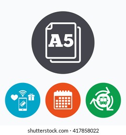 Paper size A5 standard icon. File document symbol. Mobile payments, calendar and wifi icons. Bus shuttle.