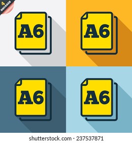 Paper size A6 standard icon. File document symbol. Four squares. Colored Flat design buttons. Vector