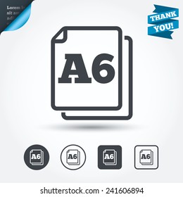 Paper size A6 standard icon. File document symbol. Circle and square buttons. Flat design set. Thank you ribbon. Vector