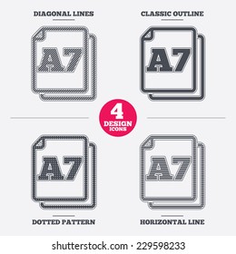 Paper size A7 standard icon. File document symbol. Diagonal and horizontal lines, classic outline, dotted texture. Pattern design icons.  Vector