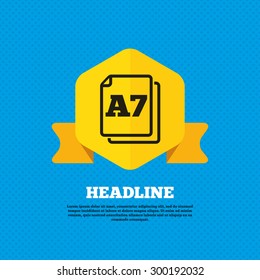 Paper size A7 standard icon. File document symbol. Yellow label tag. Circles seamless pattern on back. Vector