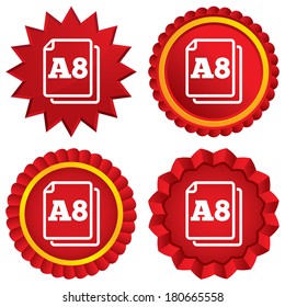 Paper size A8 standard icon. File document symbol. Red stars stickers. Certificate emblem labels. Vector