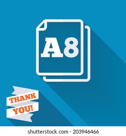 Paper size A8 standard icon. File document symbol. White flat icon with long shadow. Paper ribbon label with Thank you text. Vector