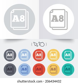 Paper size A8 standard icon. File document symbol. Round 12 circle buttons. Shadow. Hand cursor pointer. Vector