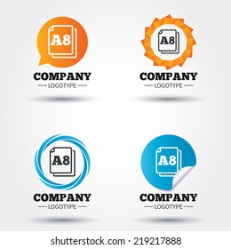 Paper size A8 standard icon. File document symbol. Business abstract circle logos. Icon in speech bubble, wreath. Vector