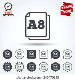 Paper size A8 standard icon. File document symbol. Circle, star, speech bubble and square buttons. Award medal with check mark. Thank you ribbon. Vector