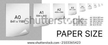 Paper size series A. A0, A1, A2, A3, A4, A5, A6, A7, A8 3d paper sheet format. Realistic mock up set. Vector illustration