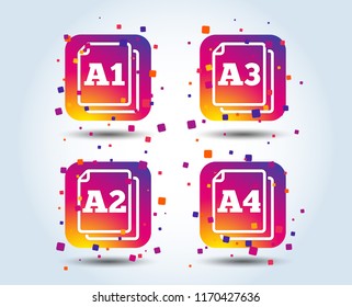 Paper size standard icons. Document symbols. A1, A2, A3 and A4 page signs. Colour gradient square buttons. Flat design concept. Vector