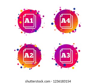 Paper size standard icons. Document symbols. A1, A2, A3 and A4 page signs. Gradient circle buttons with icons. Random dots design. Vector