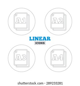Paper size standard icons. Document symbols. A1, A2, A3 and A4 page signs. Linear outline web icons. Vector
