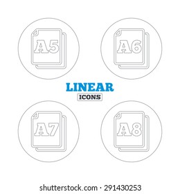 Paper size standard icons. Document symbols. A5, A6, A7 and A8 page signs. Linear outline web icons. Vector