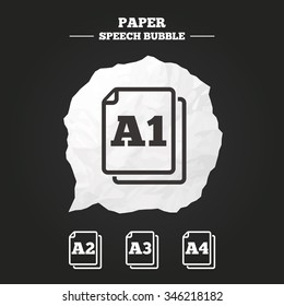 Paper size standard icons. Document symbols. A1, A2, A3 and A4 page signs. Paper speech bubble with icon.