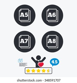 Paper size standard icons. Document symbols. A5, A6, A7 and A8 page signs. Star vote ranking. Client like and think bubble. Quotes with message.