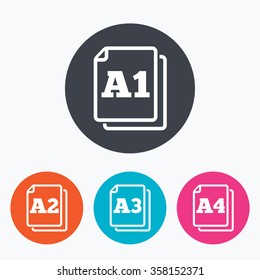 Paper size standard icons. Document symbols. A1, A2, A3 and A4 page signs. Circle flat buttons with icon.
