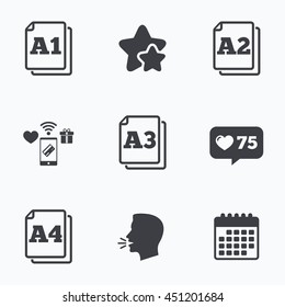 Paper Size Standard Icons. Document Symbols. A1, A2, A3 And A4 Page Signs. Flat Talking Head, Calendar Icons. Stars, Like Counter Icons. Vector