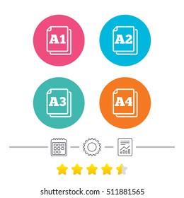 Paper size standard icons. Document symbols. A1, A2, A3 and A4 page signs. Calendar, cogwheel and report linear icons. Star vote ranking. Vector