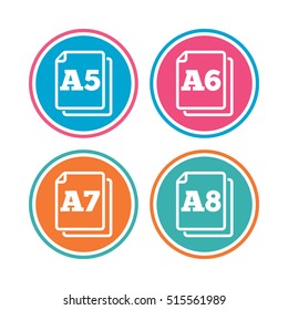 Paper size standard icons. Document symbols. A5, A6, A7 and A8 page signs. Colored circle buttons. Vector